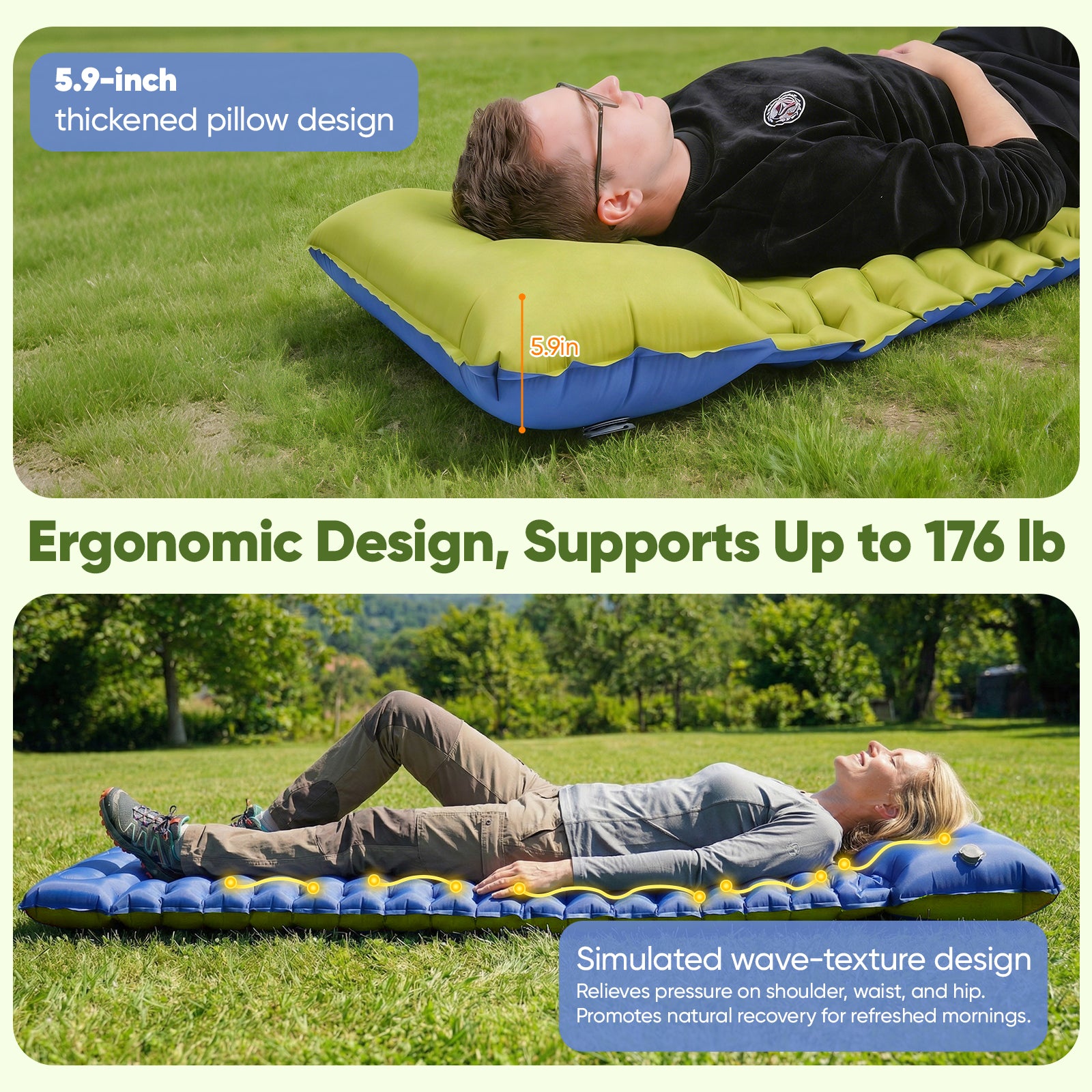 NOCOEX Sleeping Pad for Camping with Built-in Foot Pump & 5.9" Pillow - Leakproof, Inflatable Camping Mattress for Backpacking, Hiking, Traveling