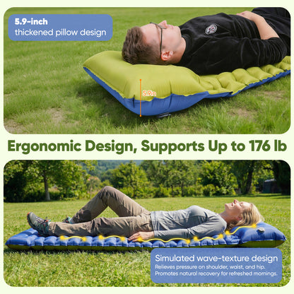 NOCOEX Sleeping Pad for Camping with Built-in Foot Pump & 5.9" Pillow - Leakproof, Inflatable Camping Mattress for Backpacking, Hiking, Traveling