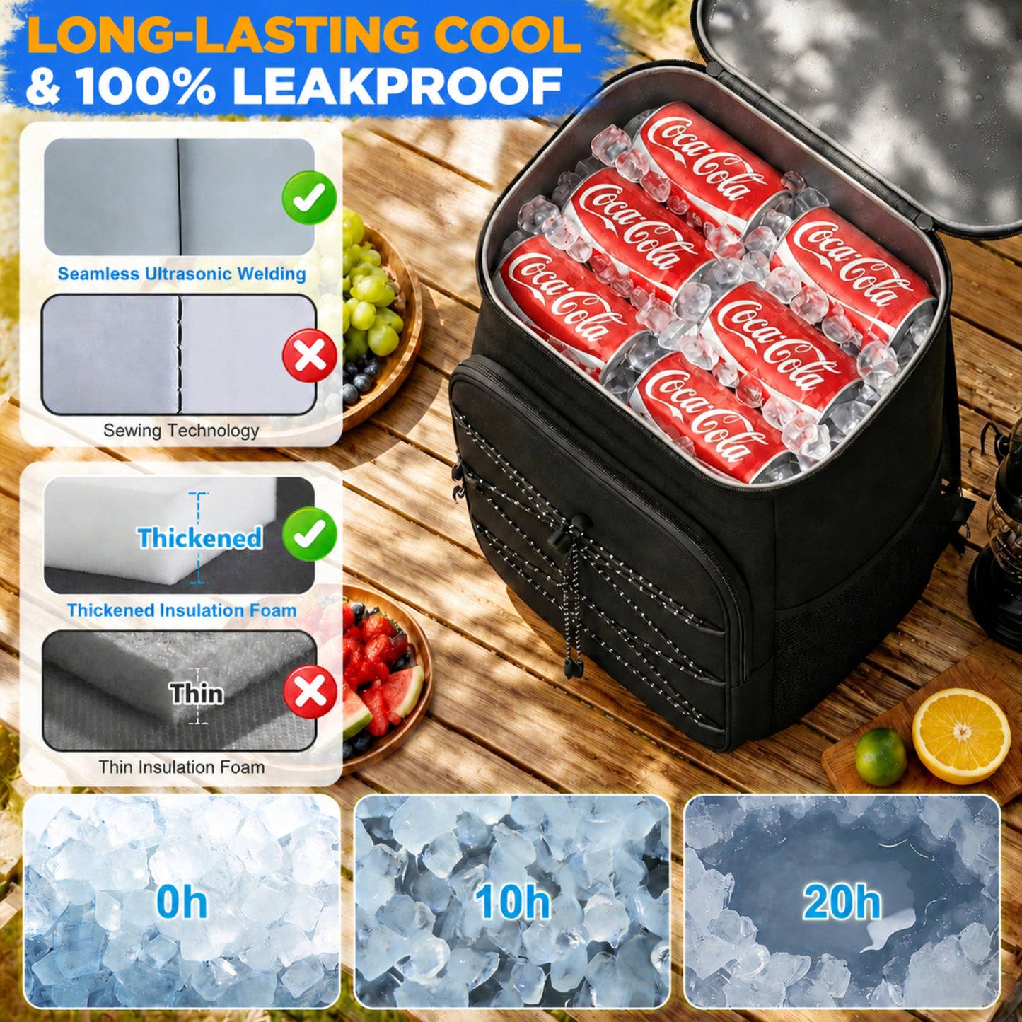 NOCOEX 22L Backpack Cooler with 20H Cooling & Bottle Opener, 28 Cans Cooler Backpack Insulated Leak Proof for Camping Hiking Beach Picnic Fishing (Black)