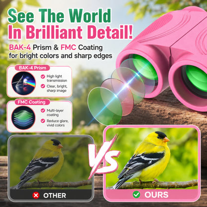 12x25 Kids Binoculars, FMC BAK4 with Neck Strap & Carrying Bag, Small Compact Binoculars for Bird Watching, Camping & Travel (Pink)