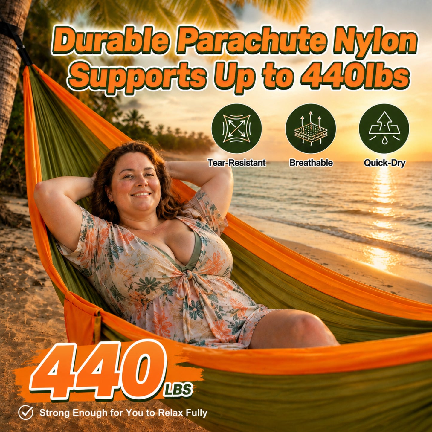 NOCOEX Camping Hammock 440lbs with Two 10ft Tree Straps, 2 D‑Carabiners & Side Pocket, Parachute Nylon Portable Lightweight Hammock for Travel, Hiking, Backpacking, Beach (Orange)