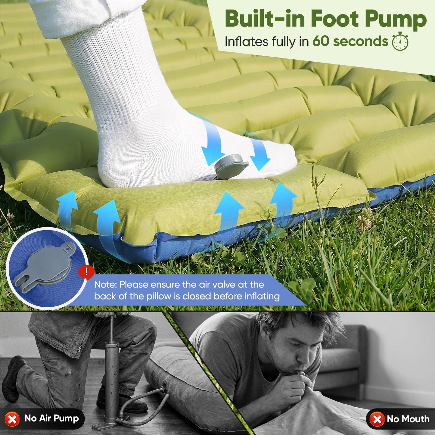 NOCOEX Sleeping Pad for Camping with Built-in Foot Pump & 5.9" Pillow - Leakproof, Inflatable Camping Mattress for Backpacking, Hiking, Traveling