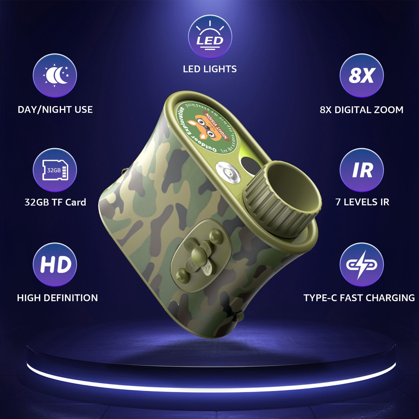 Night Vision Binoculars for Kids, 7 Level Infrared Night Vision Goggles for Adults with 8X Digital Zoom, Built-In Flashlight, 32GB Card HD Video Photo, Type-C Rechargeable(Camouflage)