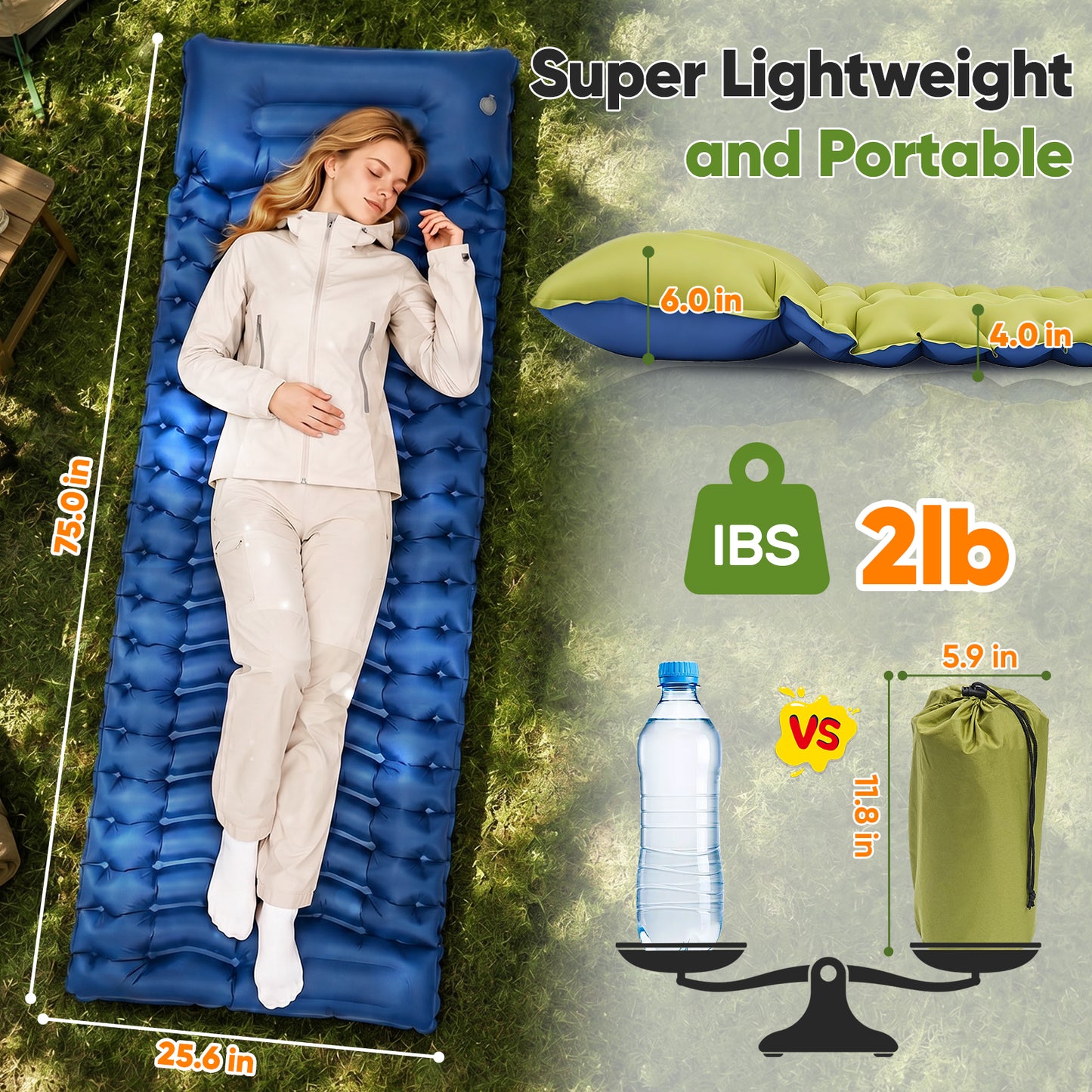 NOCOEX Camping Sleeping Pad, 6" Extra Thick Pillow, Built-in Foot Pump & Leakproof Design, Lightweight Sleeping Pad for Camping, Backpacking, Hiking, Travel