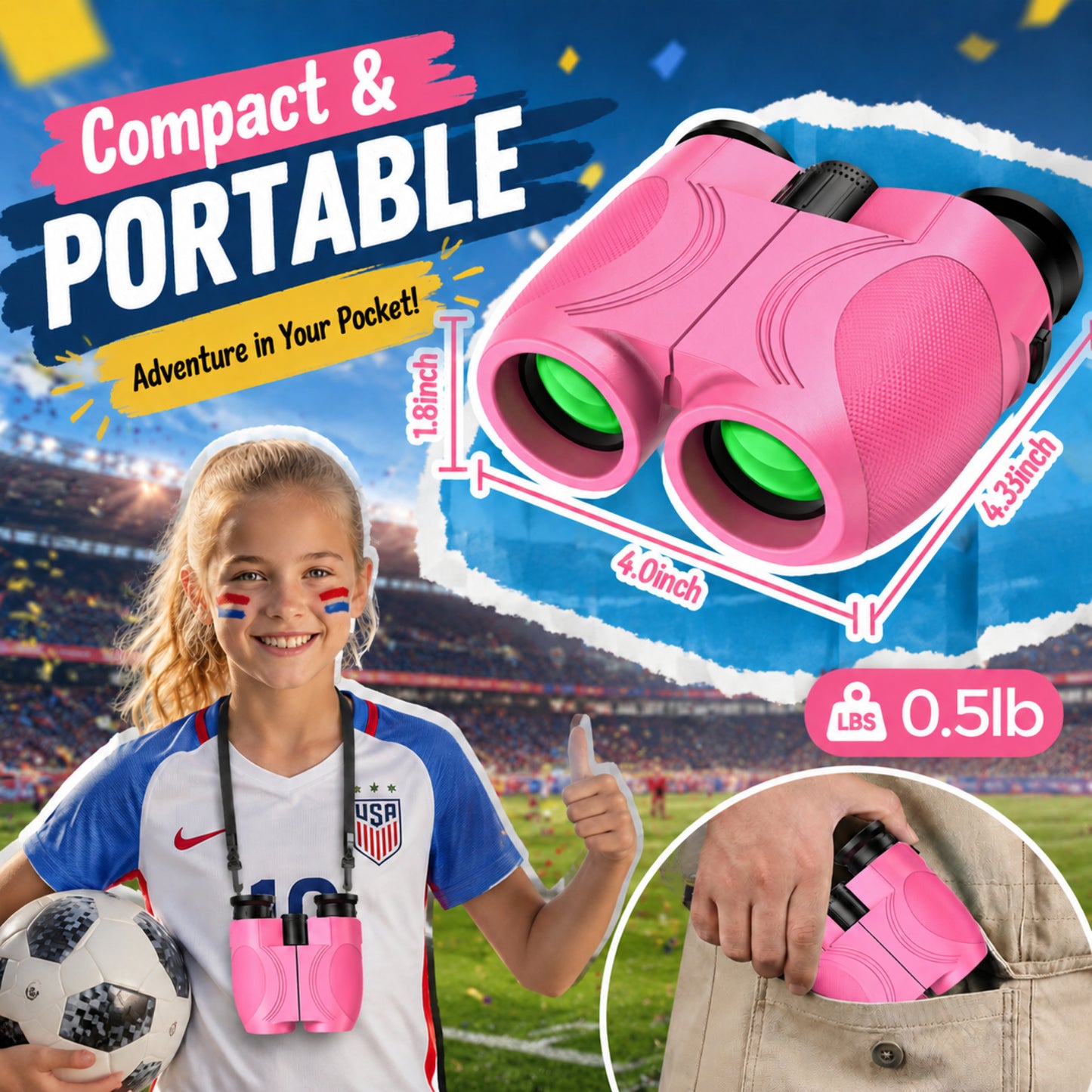 12x25 Kids Binoculars, FMC BAK4 with Neck Strap & Carrying Bag, Small Compact Binoculars for Bird Watching, Camping & Travel (Pink)