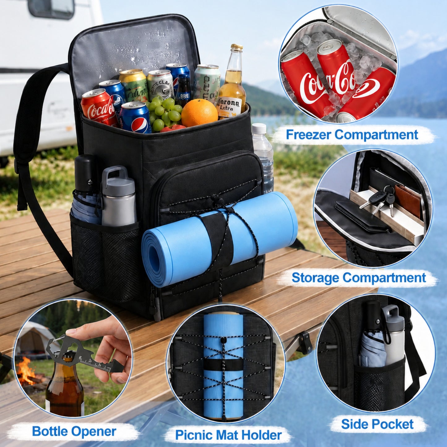 NOCOEX 22L Backpack Cooler with 20H Cooling & Bottle Opener, 28 Cans Cooler Backpack Insulated Leak Proof for Camping Hiking Beach Picnic Fishing (Black)