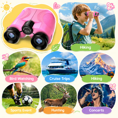 12x25 Kids Binoculars, FMC BAK4 with Neck Strap & Carrying Bag, Small Compact Binoculars for Bird Watching, Camping & Travel (Pink)