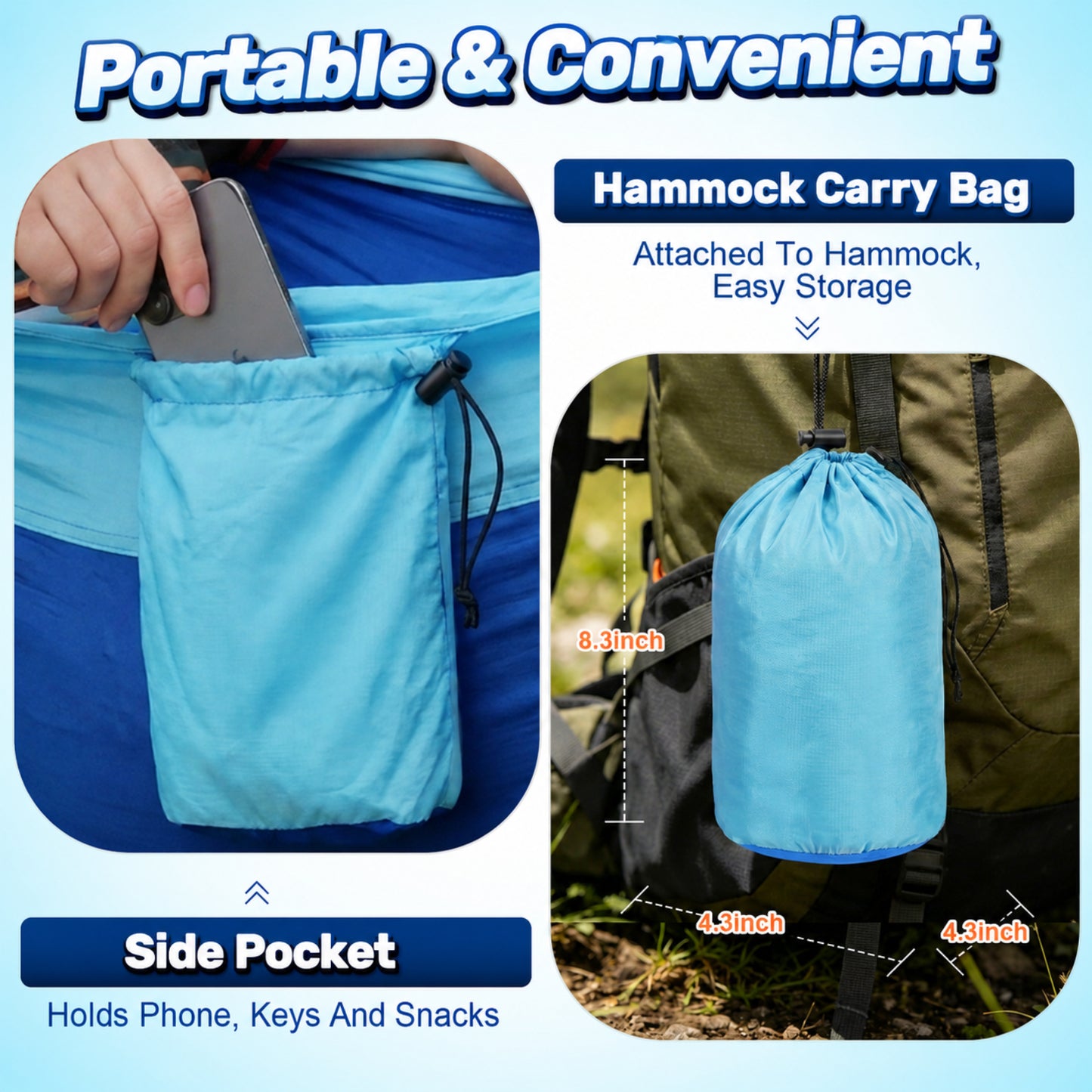 NOCOEX Camping Hammock with Tree Straps & Built-in Side Pocket, Anti-Tip 440lbs Parachute Portable Hammock for Travel Hiking Backpacking Beach, Blue