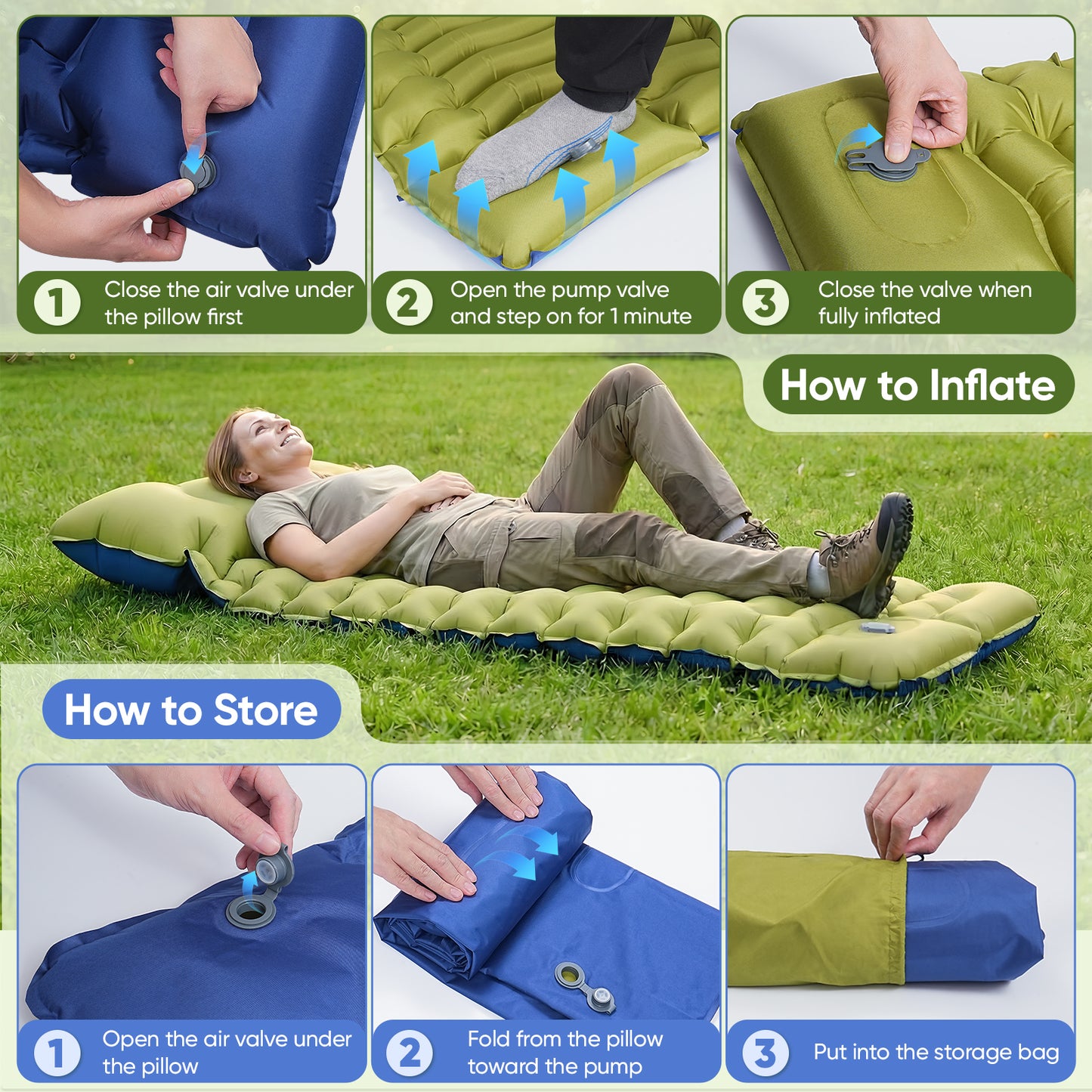 NOCOEX Sleeping Pad for Camping with Built-in Foot Pump & 5.9" Pillow - Leakproof, Inflatable Camping Mattress for Backpacking, Hiking, Traveling