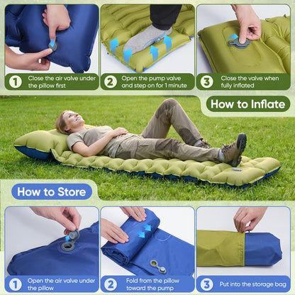 NOCOEX Sleeping Pad for Camping with Built-in Foot Pump & 5.9" Pillow - Leakproof, Inflatable Camping Mattress for Backpacking, Hiking, Traveling