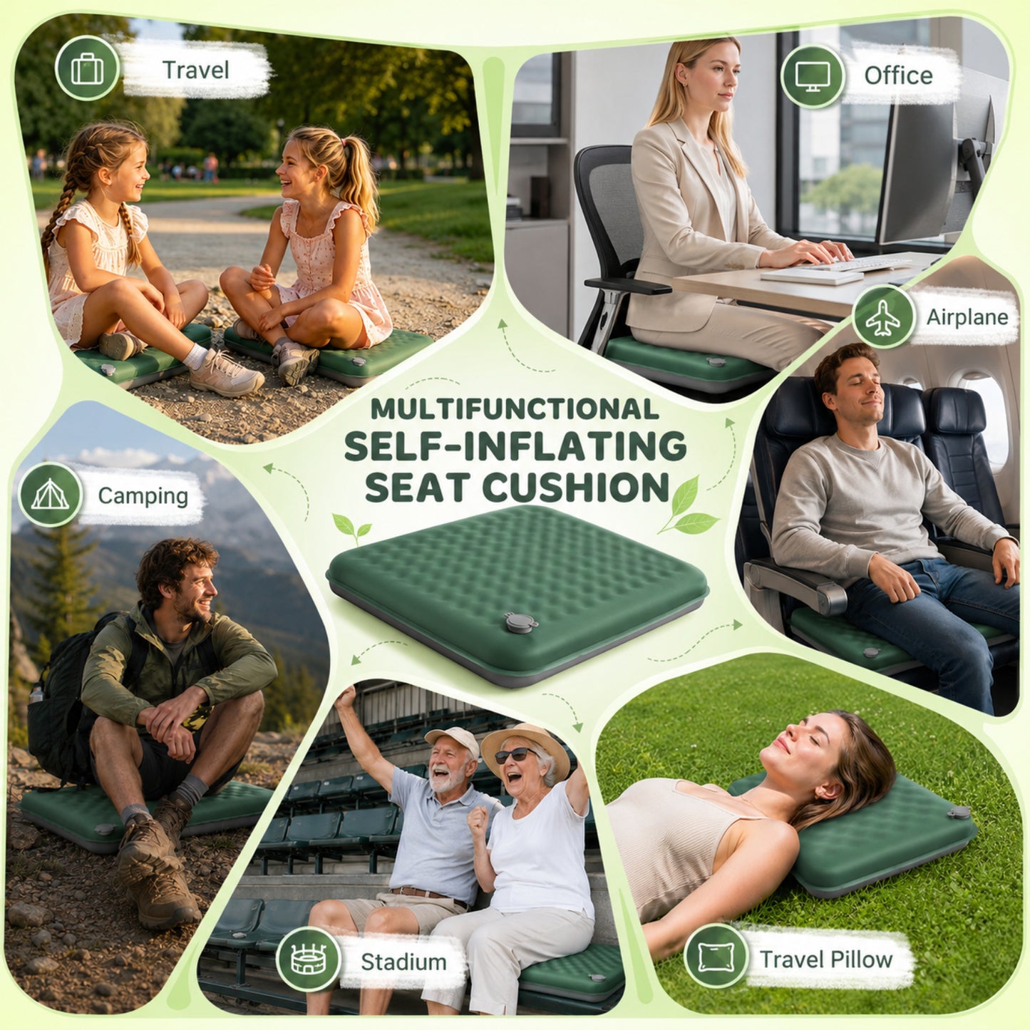 NOCOEX Inflatable Seat Cushion, 2'' Thick Portable Self-Inflating Memory Foam Seat Cushion for Travel, Office, Airplane, Camping, Stadium, Backpacking