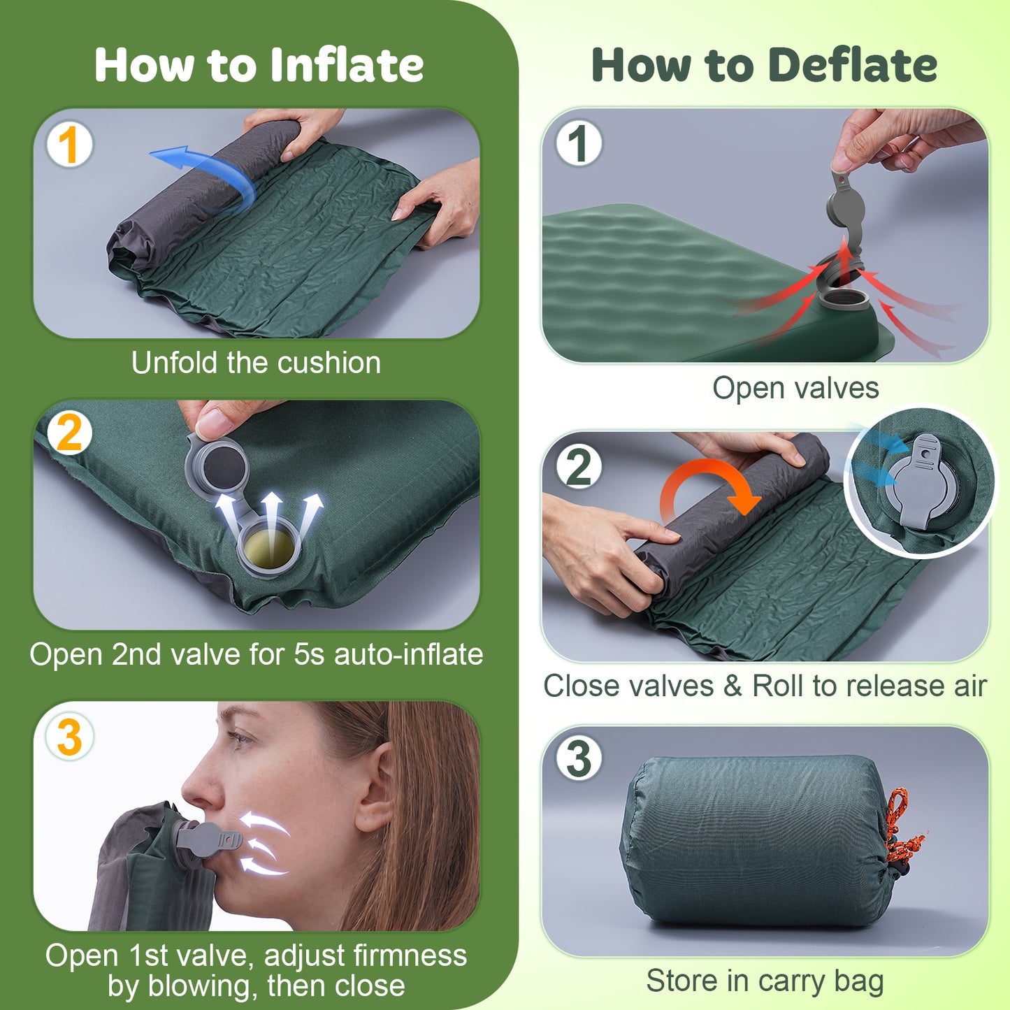 NOCOEX Inflatable Seat Cushion, 2'' Thick Portable Self-Inflating Memory Foam Seat Cushion for Travel, Office, Airplane, Camping, Stadium, Backpacking