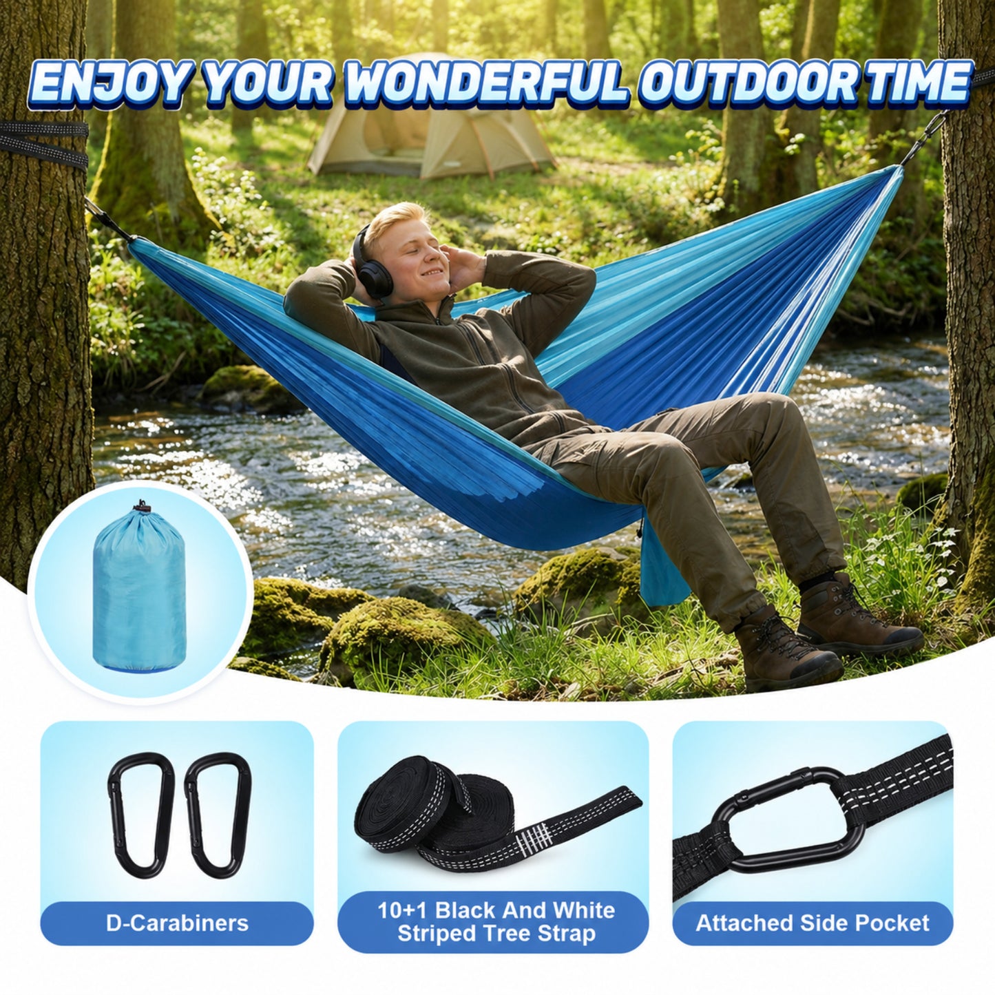 NOCOEX Camping Hammock with Tree Straps & Built-in Side Pocket, Anti-Tip 440lbs Parachute Portable Hammock for Travel Hiking Backpacking Beach, Blue