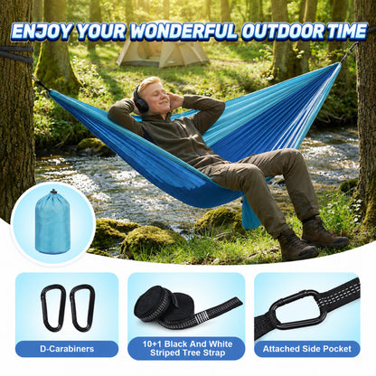 NOCOEX Camping Hammock with Tree Straps & Built-in Side Pocket, Anti-Tip 440lbs Parachute Portable Hammock for Travel Hiking Backpacking Beach, Blue