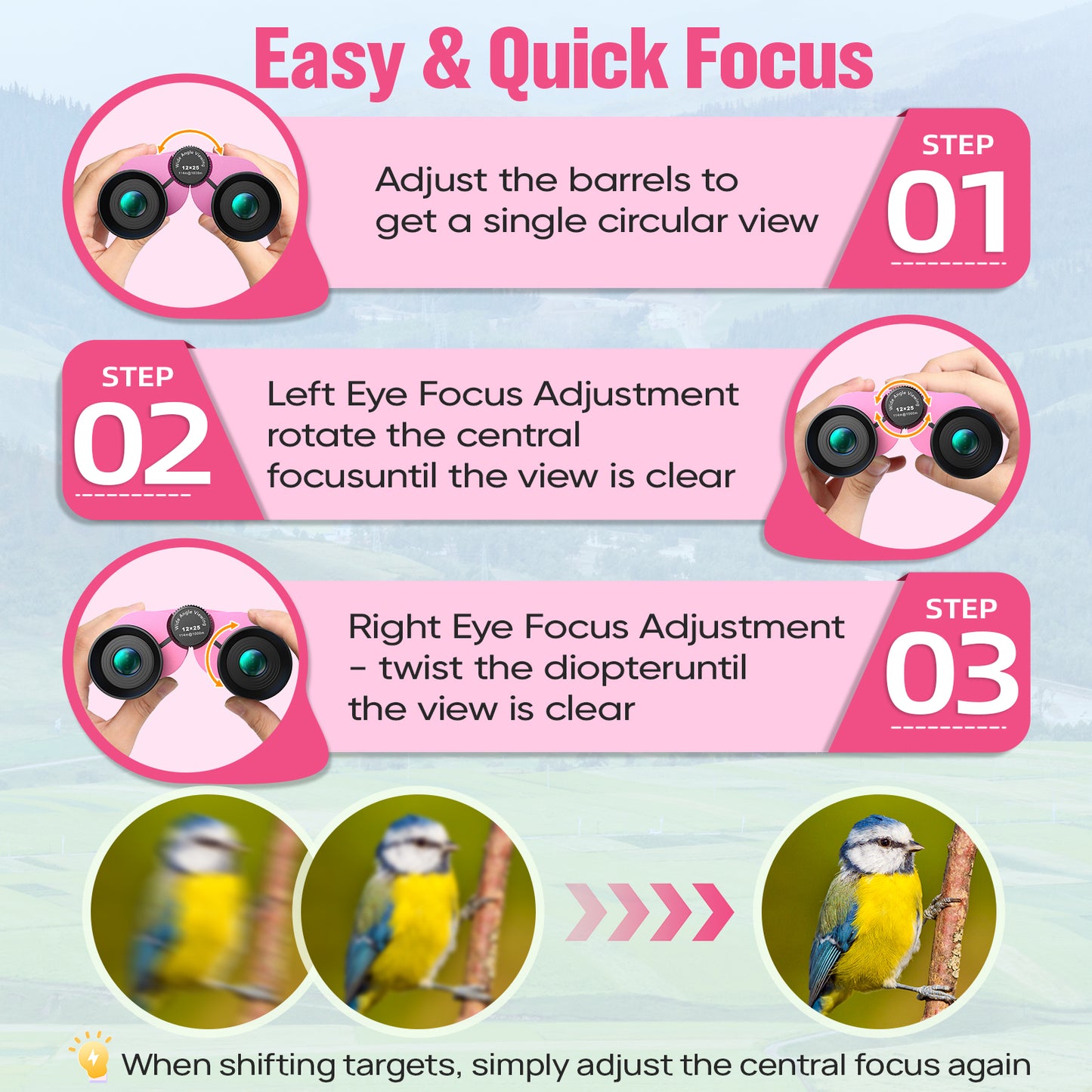 12x25 Kids Binoculars, FMC BAK4 with Neck Strap & Carrying Bag, Small Compact Binoculars for Bird Watching, Camping & Travel (Pink)