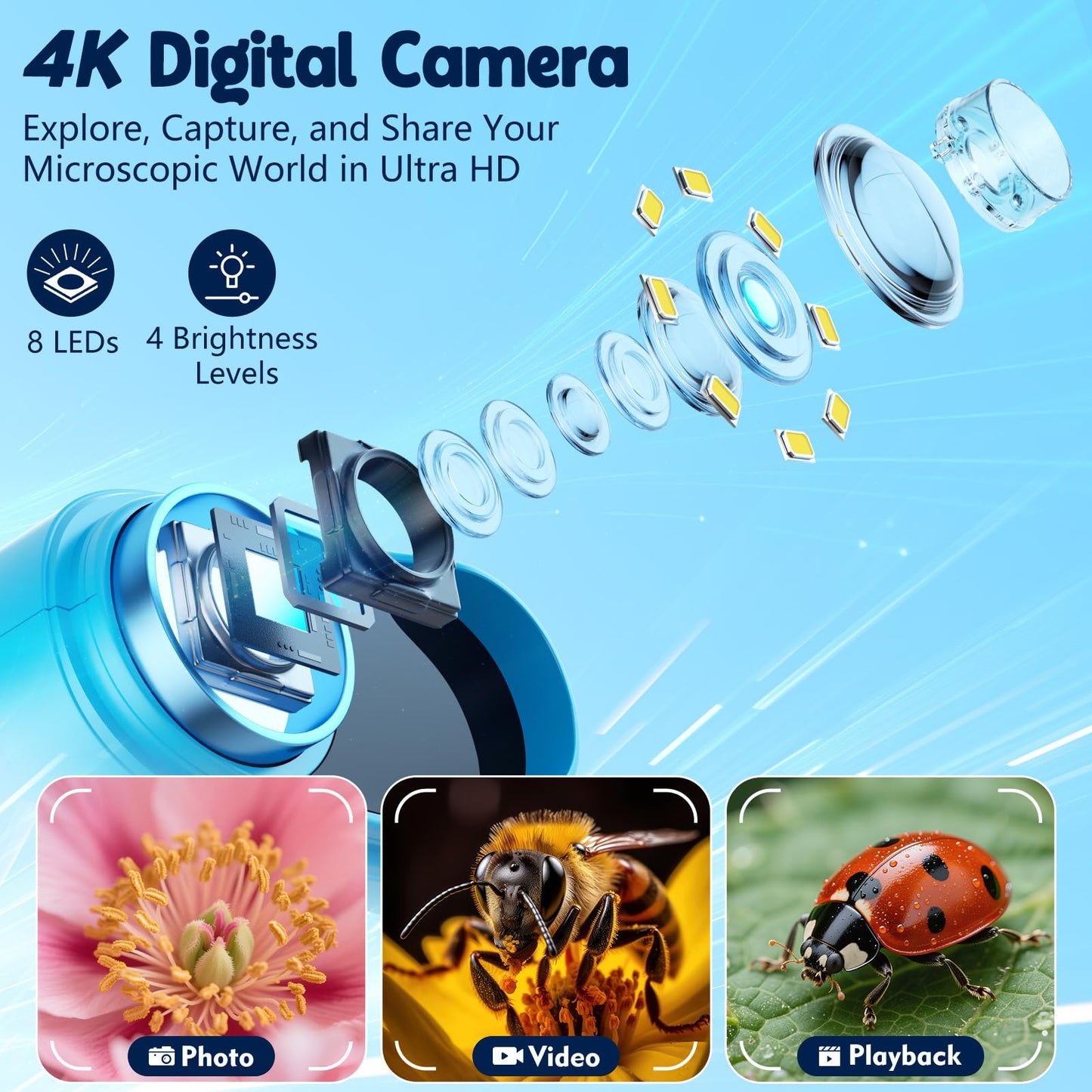 1000X Handheld Microscope for Kids, 4K 2.4" Screen Digital Kids Microscopes with 12 Slides, Portable Edu Toys Gifts for Age 3 4 5 6 7 8 9 10 11 12 Year Old Boys Girls Children Students(Blue)