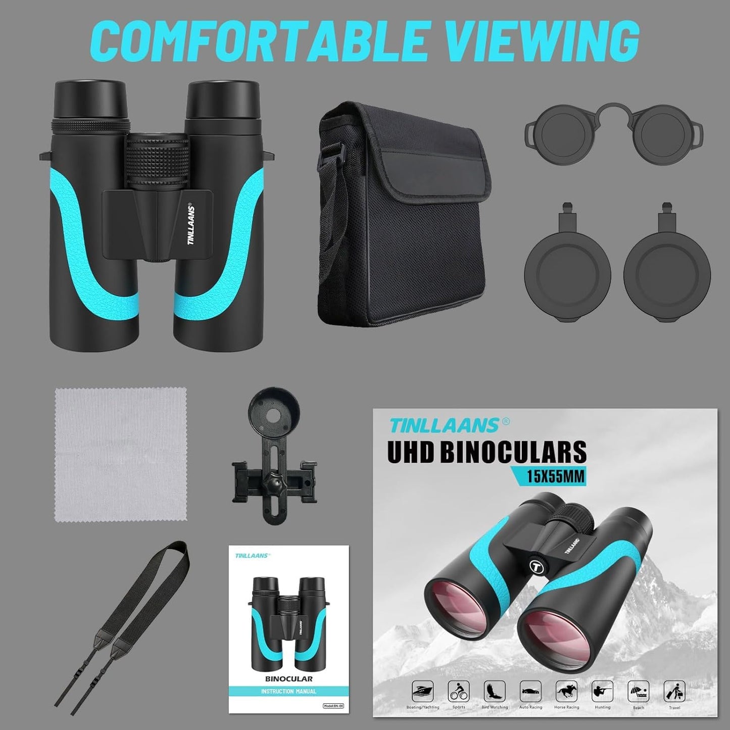 15x55 UHD Binoculars for Adults High Powered with Phone Adapter - Large View, BAK4 Prism, Waterproof, Lightweight for Bird Watching, Hunting, Cruise, Travel, Sports (Blue)