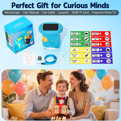 1000X Handheld Microscope for Kids, 4K 2.4" Screen Digital Kids Microscopes with 12 Slides, Portable Edu Toys Gifts for Age 3 4 5 6 7 8 9 10 11 12 Year Old Boys Girls Children Students(Blue)